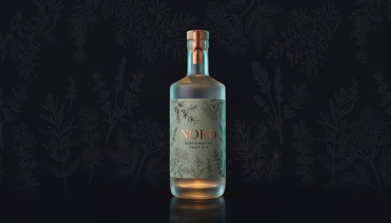 Nord Gin Flasche auf dunklem Hintergrund mit botanischen Illustrationen