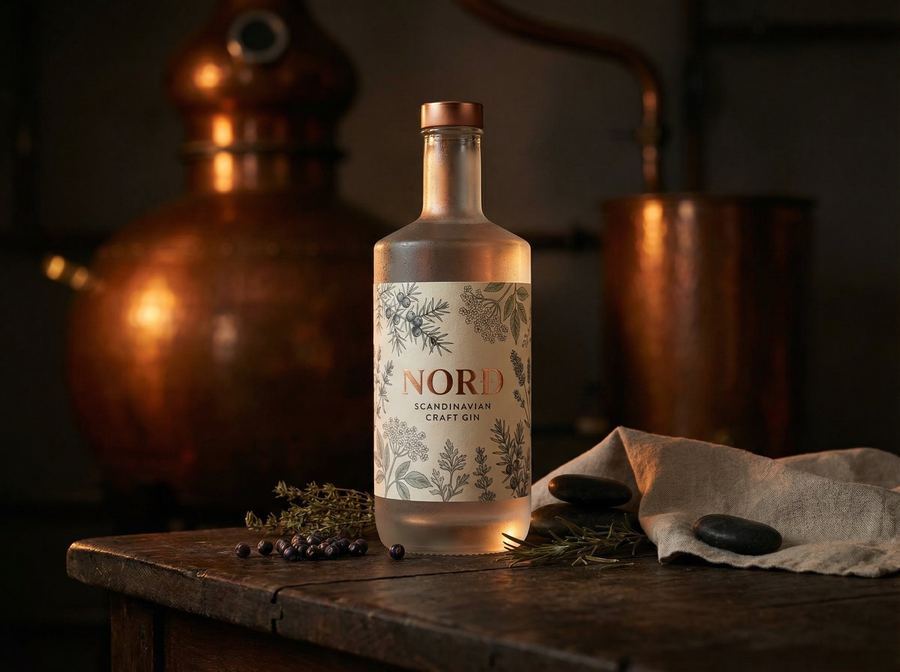 Nord Gin Flasche vor kupferner Pot Still in einer handwerklichen Destillerie
