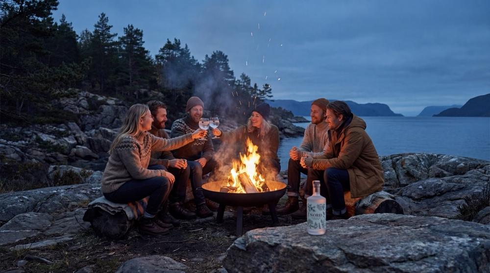 Freunde am Lagerfeuer an einem nordischen Fjord mit Nord Gin