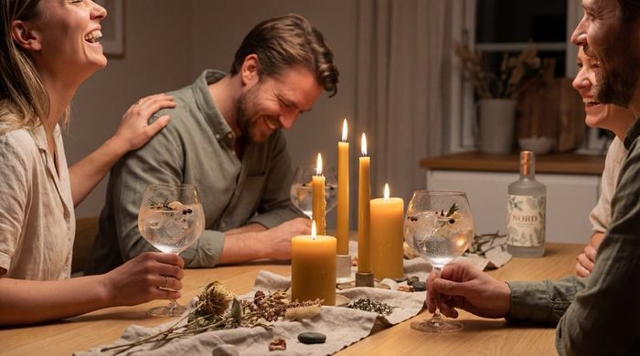 Freunde lachen bei Kerzenlicht und Nord Gin