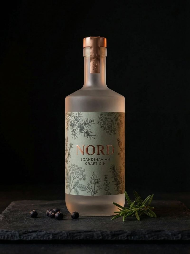 Nord Gin Flasche – klarer Bottle Shot mit Wacholderbeeren